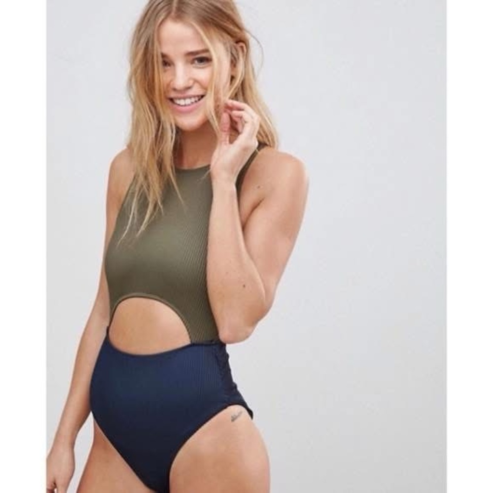 Jack Wills Olive Green and Navy Cutout One-Piece Swimsuit - Ribbed